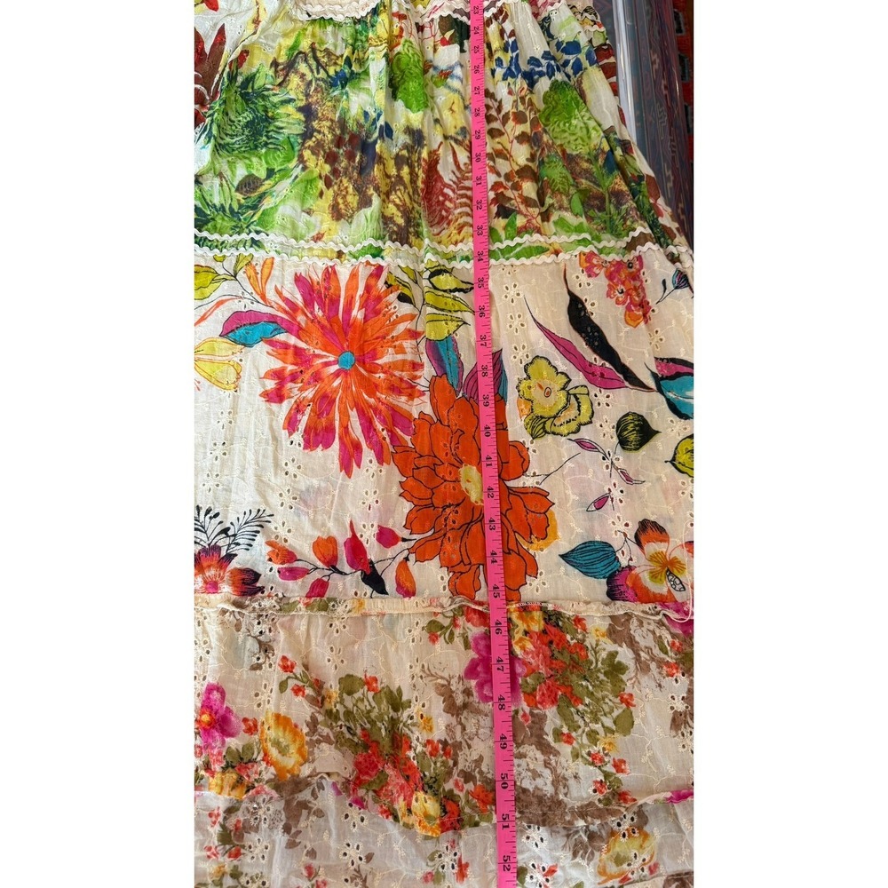 Palak Boho Tiered Maxi Dress Cotton Eyelet Mixed Floral Rick Rack India M - Picture 9 of 11